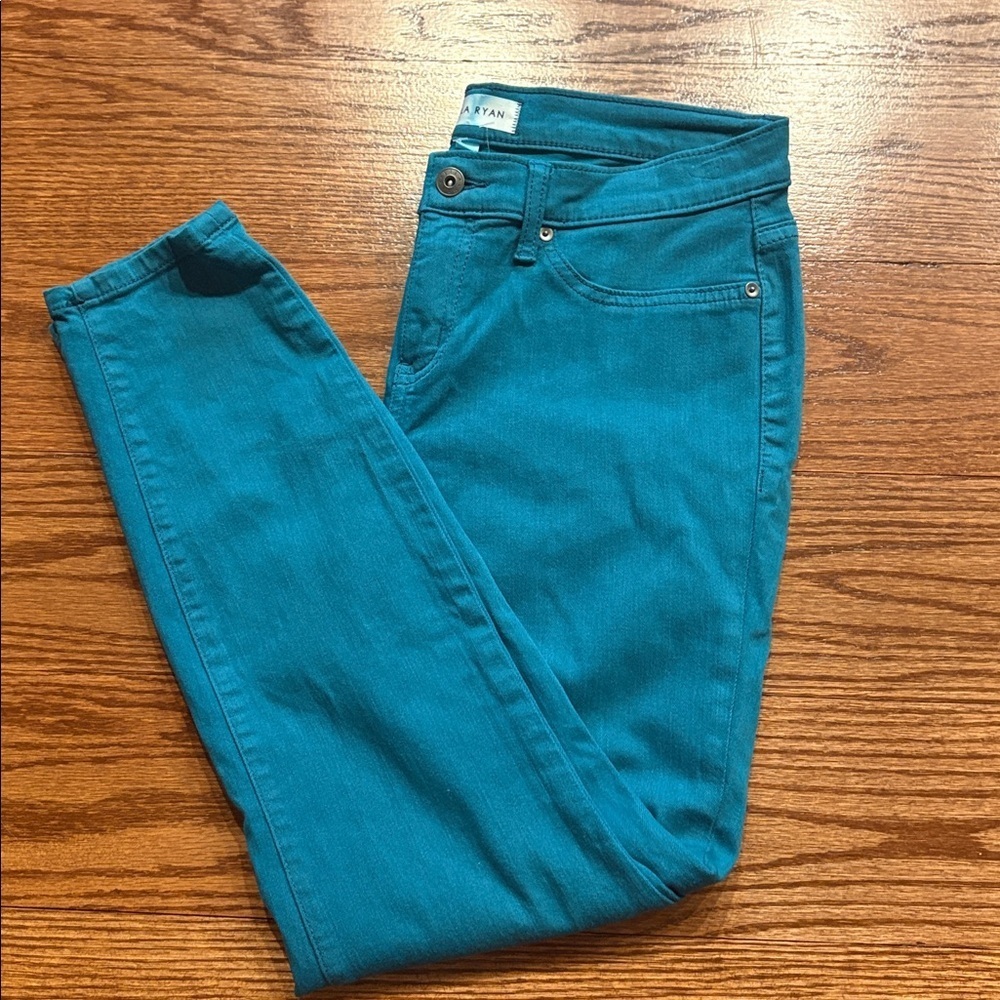 Lila Ryan teal skinny ankle cotton stertch jeans chino 2 pockets slimming 29